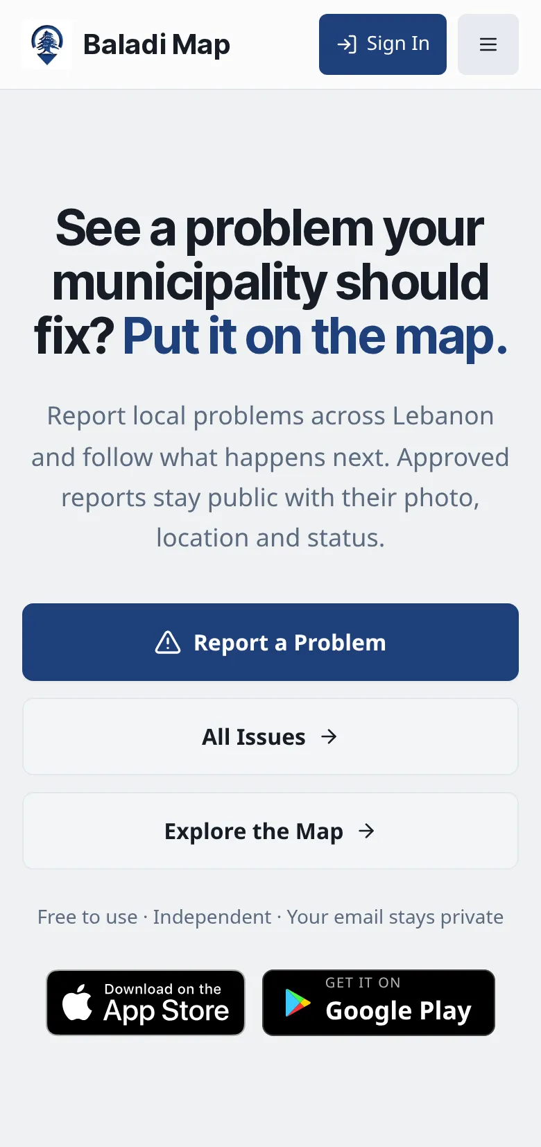 Screenshot of the Baladi Map home page, with links to the App Store and Google Play.