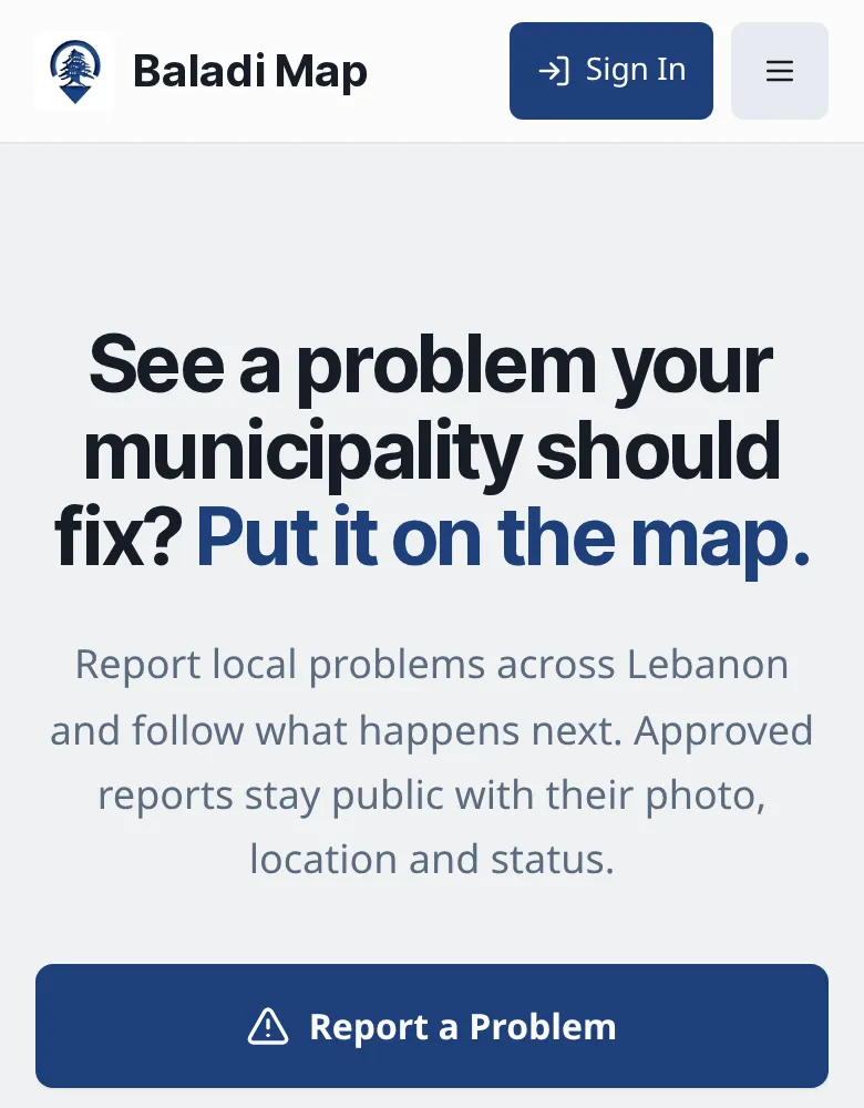 Screenshot of the Baladi Map home page, with links to the App Store and Google Play.