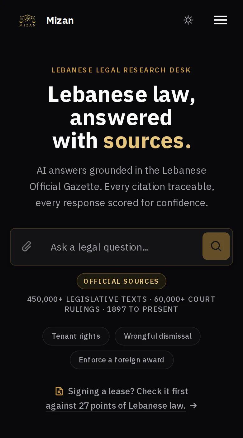 Capture de la page d’accueil de Mizan, en anglais : « Lebanese law, answered with sources. », avec un champ pour poser une question juridique.